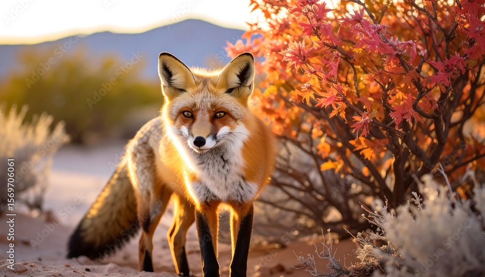 Fototapeta premium Vibrant Red Fox Standing in Golden Desert Sunlight with Autumn Foliage