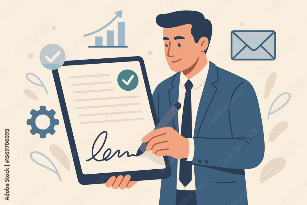 Businessman Signing Electronic Document on Tablet, Digital Signature Approval, Project Authorization, Business Plan Execution, Modern Paperless Workflow, Online Contract Concept Businessman Signing Electronic Document on Tablet, Digital Signature Approval, Project Authorization, Business Plan Execution, Modern Paperless Workflow, Online Contract Concept