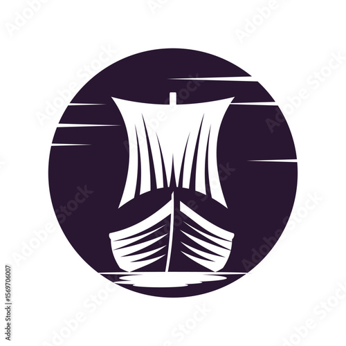 Voyage of Discovery: A bold, minimalist illustration of a ship sailing across the sea at dusk, embodying the spirit of exploration and adventure.