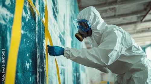 Hazmat worker marking off a contaminated area with yellow warning tape