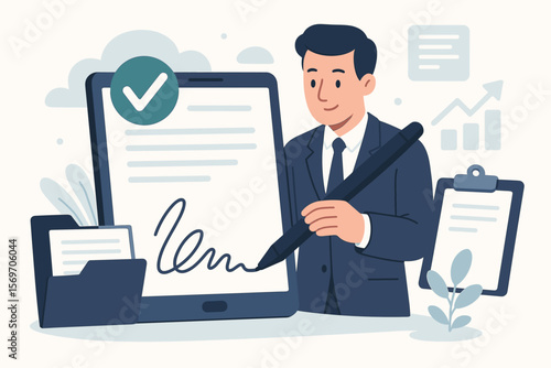 Businessman Signing Electronic Document on Tablet, Digital Signature Approval, Secure Online Contract, Project Authorization, E-Signature, Business Agreement, Paperless Workflow