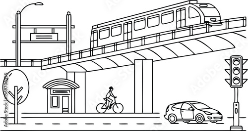 Metro train station with transport elements create a modern city scene.