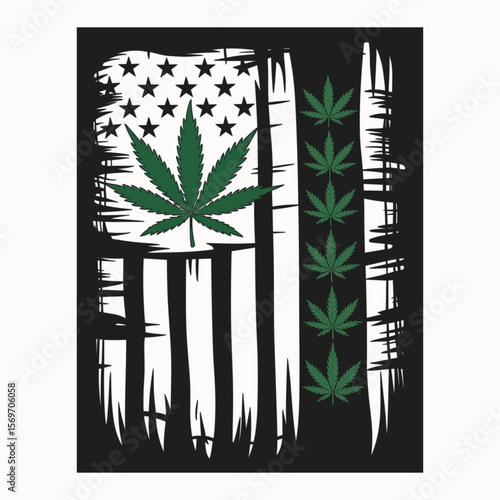 Creative American Flag Design Featuring Cannabis Leaves as Symbol of Legalization and Cannabis Culture, Green Marijuana Leaf with Stars on Black Background, Modern Artistic Representation of the U.S. 