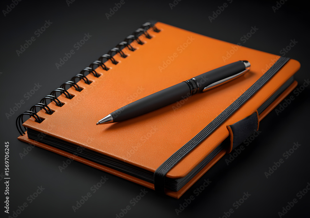 A sleek black pen rests on a vibrant orange spiral bound notebook with an elastic closure presented on a dark background A sleek black pen rests on a vibrant orange spiral bound notebook with an elastic closure presented on a dark background