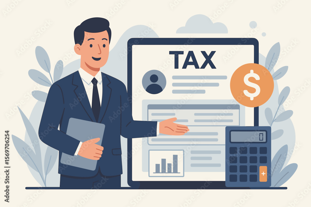Online tax payment concept with businessman presenting individual income tax return form, financial data analysis, government tax filing, electronic paperwork, state taxes, calculator Online tax payment concept with businessman presenting individual income tax return form, financial data analysis, government tax filing, electronic paperwork, state taxes, calculator