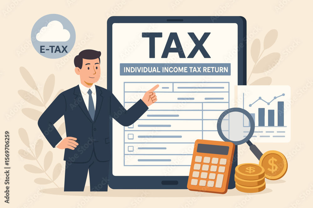 E-tax businessman presenting online individual income tax return form, tax payment, government state taxes, financial data analysis, paperwork, accounting, calculator, coins E-tax businessman presenting online individual income tax return form, tax payment, government state taxes, financial data analysis, paperwork, accounting, calculator, coins