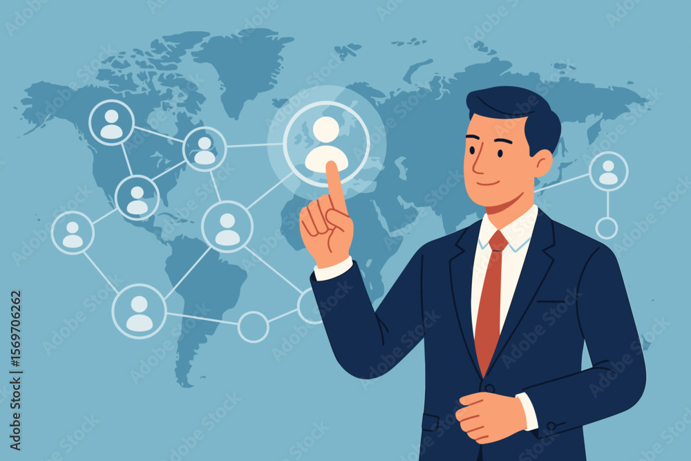 Global workforce management concept. Businessman selects digital user icon on world map interface, symbolizing remote team connection, HR analytics, recruitment, networking, leadership Global workforce management concept. Businessman selects digital user icon on world map interface, symbolizing remote team connection, HR analytics, recruitment, networking, leadership