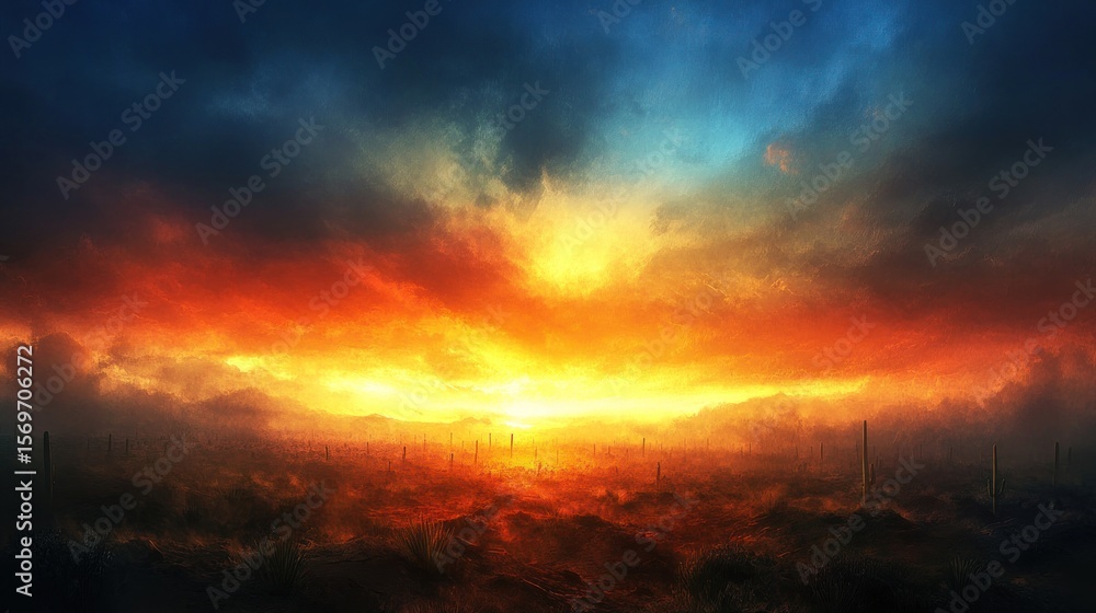 Fototapeta premium Dramatic sunset over a shrouded landscape