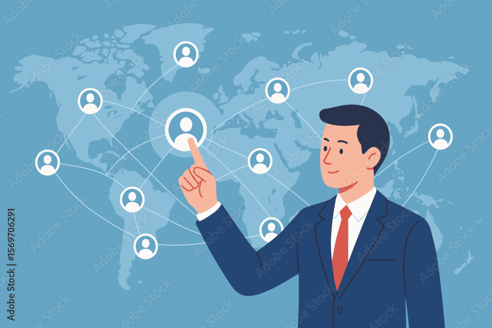 Global workforce management concept. Businessman selecting digital user icon on world map interface, symbolizing remote team connection, HR analytics, recruitment, networking, globalization Global workforce management concept. Businessman selecting digital user icon on world map interface, symbolizing remote team connection, HR analytics, recruitment, networking, globalization