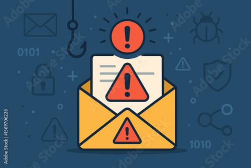 Email Phishing Attack Warning Alert Icon. Cybersecurity Threat, Scam Email, Malware, Spam Detection, Data Breach, Secure Communication, Digital Security Risk Concept