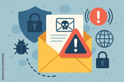 Email phishing attack warning, digital alert icon, cybersecurity threat, scam email, malware, spam detection, data breach, secure communication, internet security concept