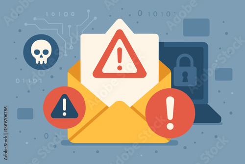 Email phishing attack warning with digital alert icon, cybersecurity threat, scam email, malware, spam detection, data breach, secure communication, cybercrime prevention