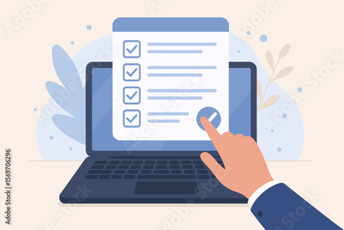 Hand Approving Digital Checklist on Laptop, Online Form Submission, Paperless Office Workflow, Electronic Document Management, Business Productivity, Virtual Interface Concept