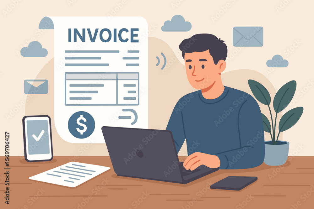 Digital invoice payment management, online billing, e-invoice, electronic statement, businessman using laptop for e-tax, financial administration, paperless accounting Digital invoice payment management, online billing, e-invoice, electronic statement, businessman using laptop for e-tax, financial administration, paperless accounting