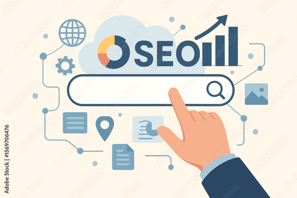 Search Engine Optimization SEO Concept with Hand Touching Search Bar, Data Analysis, Internet Connection, Web Ranking, Digital Marketing, Online Network, Website Traffic Growth Search Engine Optimization SEO Concept with Hand Touching Search Bar, Data Analysis, Internet Connection, Web Ranking, Digital Marketing, Online Network, Website Traffic Growth