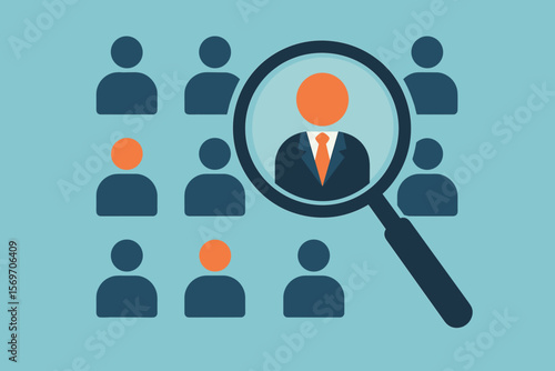 Human Resource Management Recruitment Concept. Magnifying Glass Focus on Manager Icon Among Staff. Leadership, Employee Search, Talent Acquisition, HR Selection, Team Development