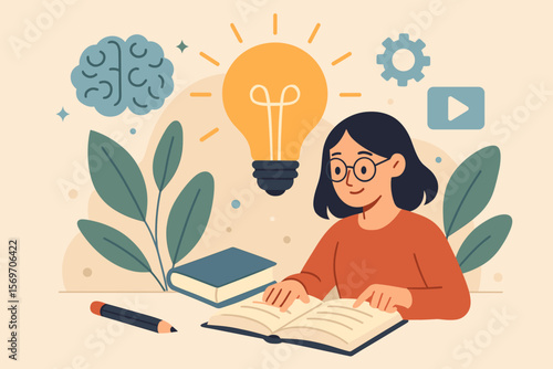 Creative self learning and education concept. Girl reading book, light bulb idea, brain, knowledge, innovation, studying, online learning, inspiration, academic growth, study skills