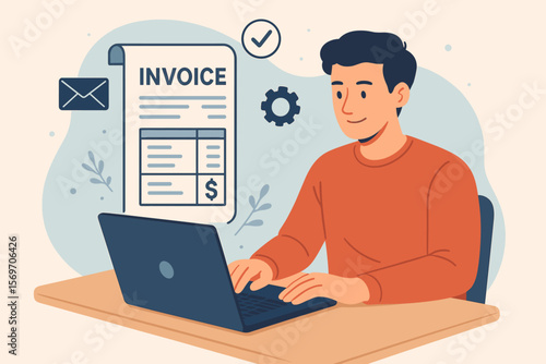 Digital invoice payment concept, online billing, e-invoice management, electronic statement processing, man using laptop for e-tax, financial document, remote accounting