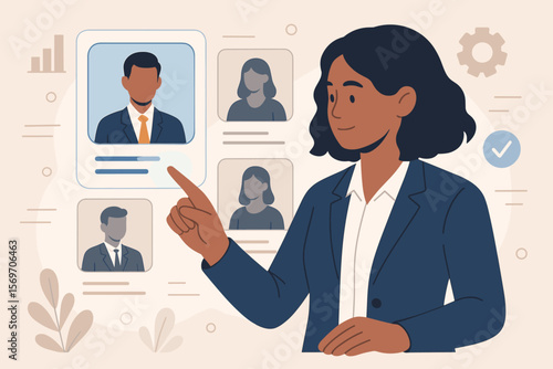 HR professional selecting candidate on digital interface, recruitment and hiring process, employee management, human resources technology, business success concept