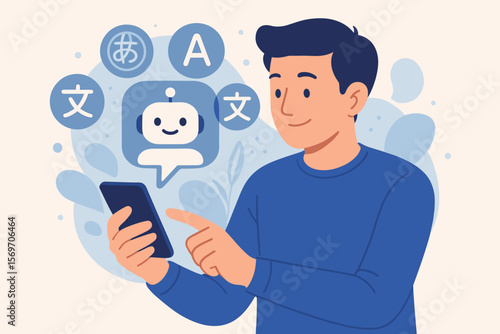 Man Using AI Chatbot on Smartphone with Multilingual Language Icons, Global Communication, Translation Technology, Artificial Intelligence Support, Mobile App Concept