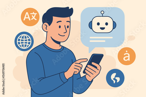 Smiling man using AI chatbot on smartphone with language icons, symbolizing language translation, multilingual support, global communication, artificial intelligence, mobile technology