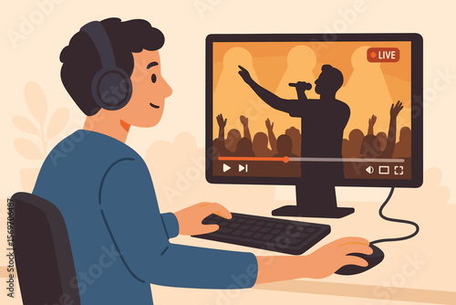 Man Watching Live Concert Online with Headphones, Streaming Video on Computer, Digital Entertainment, Music Show, Internet Broadcast, Modern Flat Vector Illustration