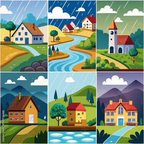 A vibrant collage of six illustrations each depicting a house or church in a stylized colorful landscape with varied weather conditions showcasing a charming and