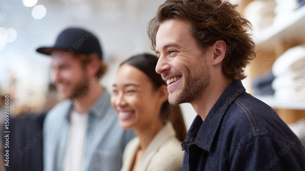 Obraz premium Diverse group of friends laughing together in a bright, modern space. Represents connection, happiness, and community. Ideal for lifestyle, teamwork, and retail concepts.
