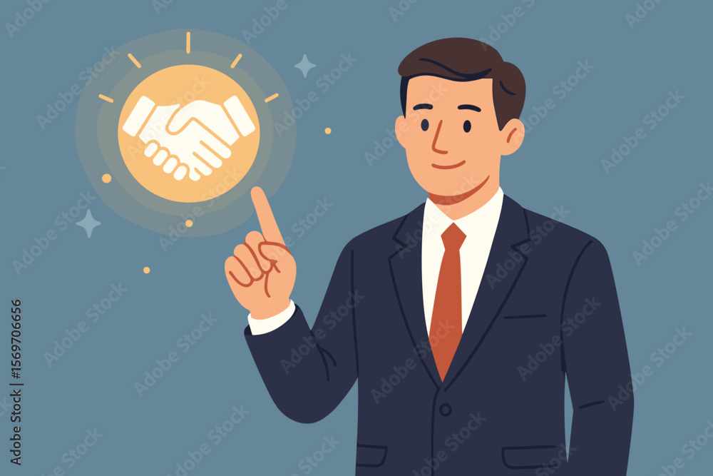 Businessman Pointing at Handshake Icon Illustrating Trust, Partnership, Collaboration, Integrity, Reliable Business Relationships, B2B Cooperation, Professional Agreement Concept Businessman Pointing at Handshake Icon Illustrating Trust, Partnership, Collaboration, Integrity, Reliable Business Relationships, B2B Cooperation, Professional Agreement Concept