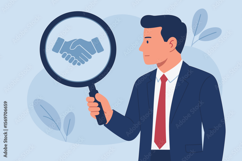 Businessman Analyzing Trustworthy Partnership, Collaboration or Contract with Magnifying Glass, Handshake Icon, Building Confidence, Teamwork, Corporate Trust Concept Businessman Analyzing Trustworthy Partnership, Collaboration or Contract with Magnifying Glass, Handshake Icon, Building Confidence, Teamwork, Corporate Trust Concept
