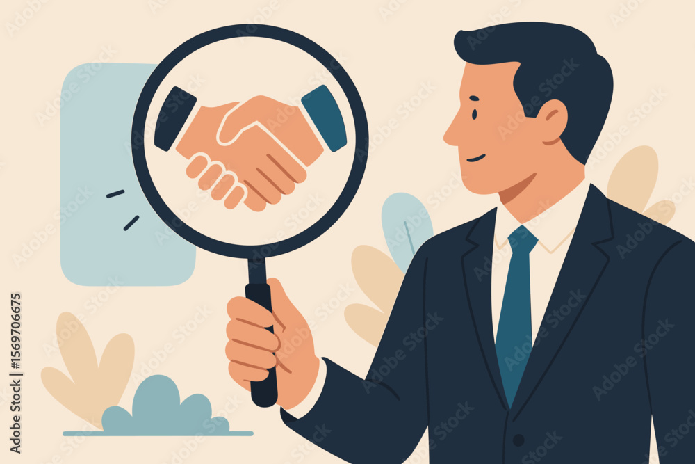 Businessman Analyzing Partnership Trust with Magnifying Glass, Handshake Icon, Corporate Collaboration, Contract Agreement, Confidence, Teamwork, Building Business Relationships Businessman Analyzing Partnership Trust with Magnifying Glass, Handshake Icon, Corporate Collaboration, Contract Agreement, Confidence, Teamwork, Building Business Relationships