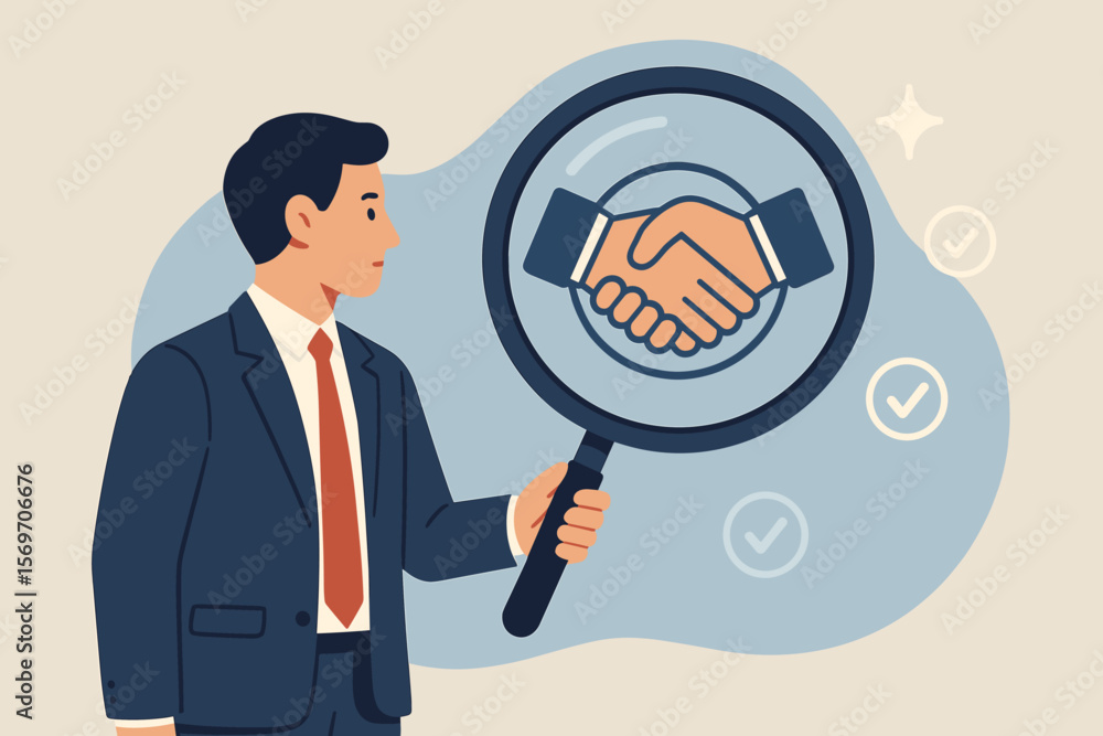 Businessman Holding Magnifying Glass with Handshake Icon, Symbolizing Trust, Partnership, Collaboration, Contract Agreement, Confidence, Teamwork, Business Relationship Businessman Holding Magnifying Glass with Handshake Icon, Symbolizing Trust, Partnership, Collaboration, Contract Agreement, Confidence, Teamwork, Business Relationship
