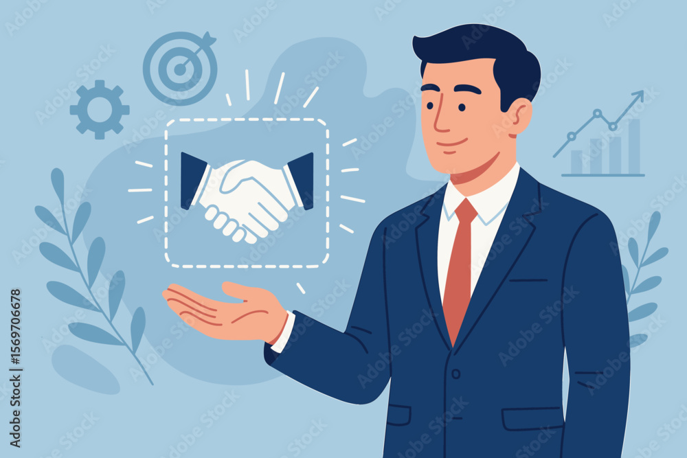 Businessman Presenting Digital Handshake Icon for Trust, Partnership, B2B Cooperation, Strategic Success, Reliable Collaboration, Long-Term Business Relationships, Growth Concept Businessman Presenting Digital Handshake Icon for Trust, Partnership, B2B Cooperation, Strategic Success, Reliable Collaboration, Long-Term Business Relationships, Growth Concept