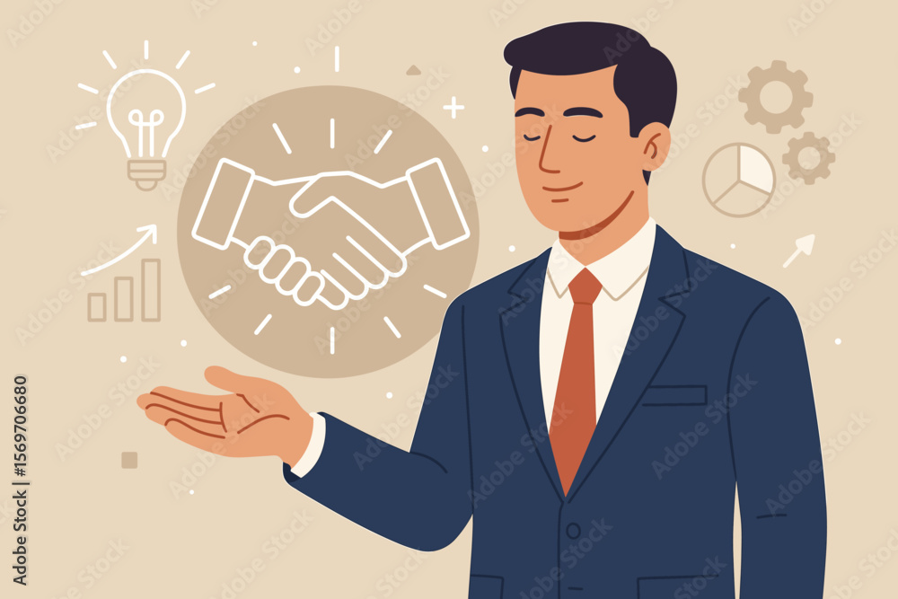 Businessman in suit presenting digital handshake icon, symbolizing trust, partnership, reliable cooperation, strategic B2B success, long-term business relationships, innovation, teamwork Businessman in suit presenting digital handshake icon, symbolizing trust, partnership, reliable cooperation, strategic B2B success, long-term business relationships, innovation, teamwork