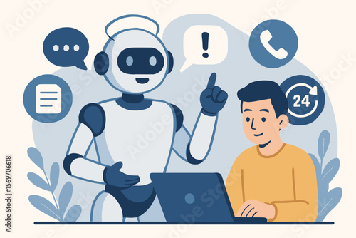 Artificial intelligence chatbot robot assisting user with online customer support, 24/7 virtual assistant, communication icons, technology service, modern vector illustration
