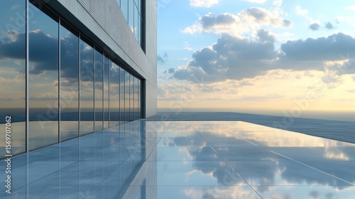 Modern building with reflective floor merging into the horizon under a cloudy sky