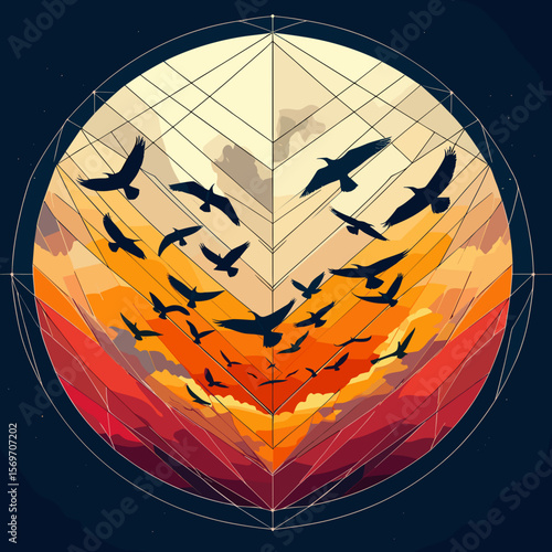 Geometric sunset scene, tranquil mood, featuring birds flying towards the moon, vibrant clouds, and a celestial background