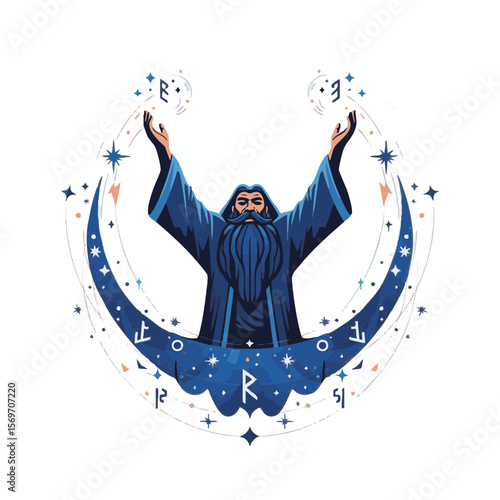 Bearded Mage with Swirling Stars and Sparkle Robes, Flat Icon Design