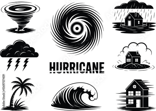 Collection of stylized black and white hurricane and storm icons with text