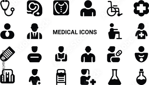 Collection of black medical and healthcare icons on a white background