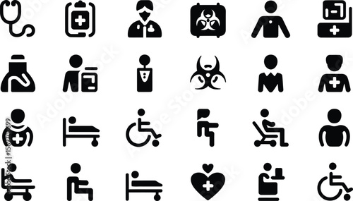 Collection of medical and healthcare icons representing various aspects of patient care and medical services