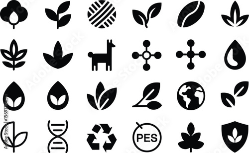 Collection of black icons representing nature science and sustainability concepts