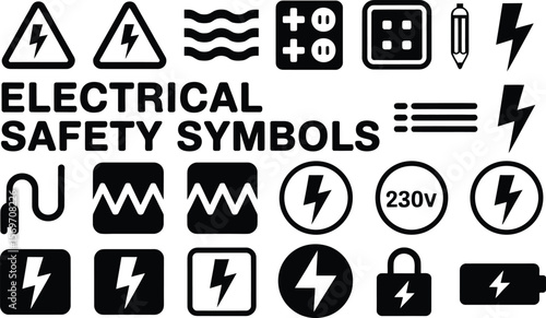 Collection of black electrical safety symbols and icons on a white background