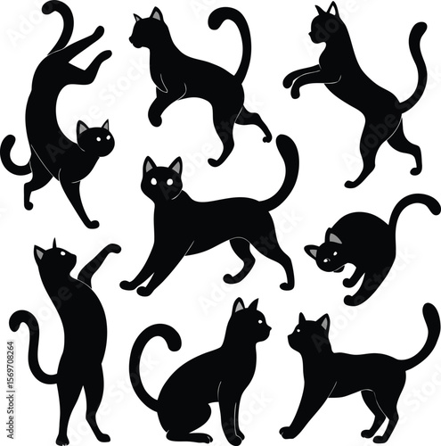 Diverse poses of black cats silhouettes in various engaging and playful attitudes on white background