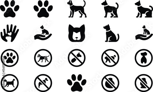 Collection of Black and White Pet Icons for Animal-Friendly Spaces