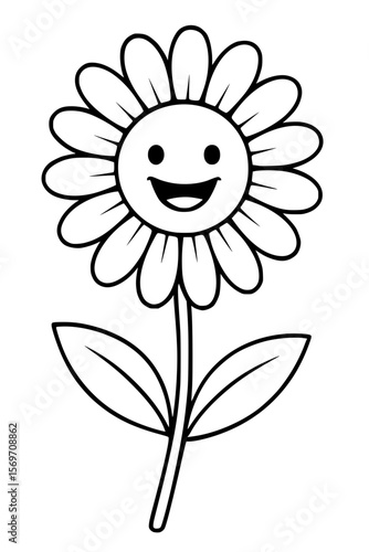 Happy Cartoon Sunflower with Black Outline Isolated
