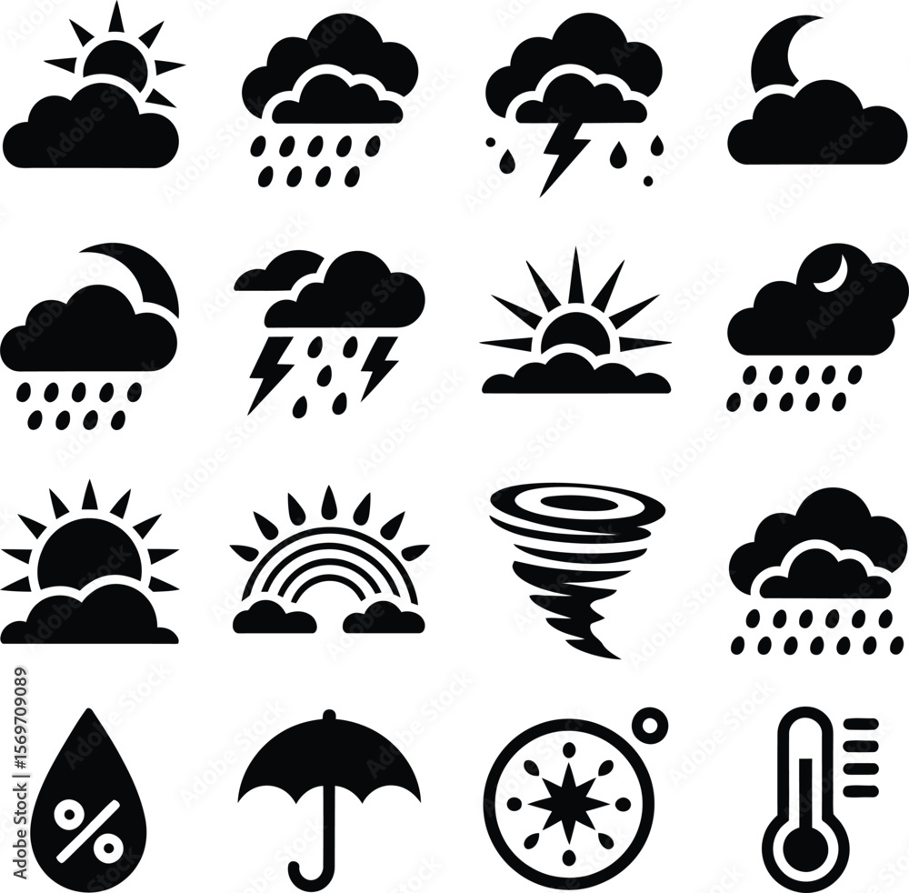 Simple Black and White Weather Icons Set Simple Black and White Weather Icons Set
