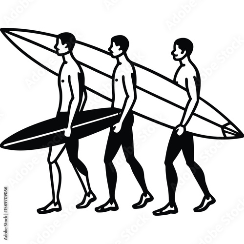 Three Shirtless Men Walking Carrying Long Surfboards Black and White Illustration