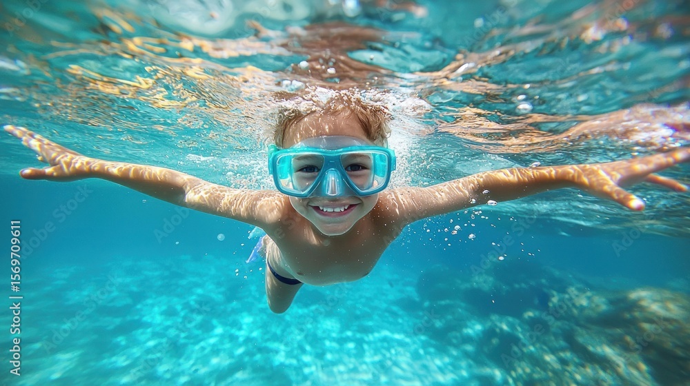 Naklejka premium A young child wearing a blue snorkel and goggles, swimming underwater with arms outstretched, surrounded by clear blue water with some bubbles and rocks visible in the background.