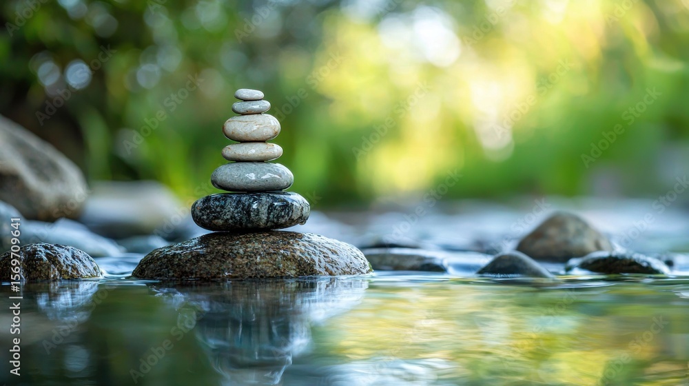 Obraz premium A stack of stones balanced on a rock in a serene, natural setting with a blurred green background.